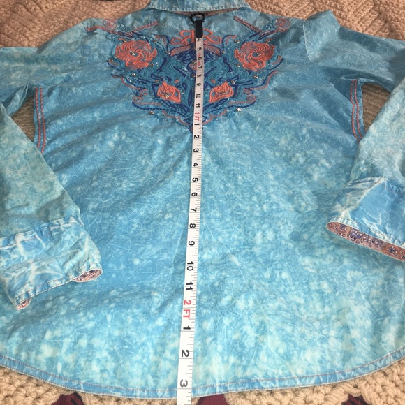 ROAR Embellished Blue & Orange Western Shirt Large - Picture 15 of 16